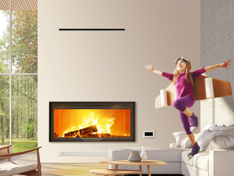 <b>Reference:</b> ITACA 120ECO C/V <br> 
<b>Description:</b><br>- Steel fireplace with guillotine door. <br>
-  Firebox base of cast iron with double Combustion system.<br>
- Turbine version 800 m3/h (C/V).4 top flue exits for hot air.<br>
New! Potentiometer for more silence turbine
- Heat output range: 10-19kW <br>
- Efficiency: 80% <br>
- Nominal heat output: 14.5kW <br>
- Flue socket: ø200 MM<br>
- Heating area: 147 m2 <br>
- Heating volume: 367 m3 <br>
<b>Dimensions:</b><br>- L= 129CM<br>- W= 68CM<br>- H= 150CM<br><b>Weight:</b> 350KG